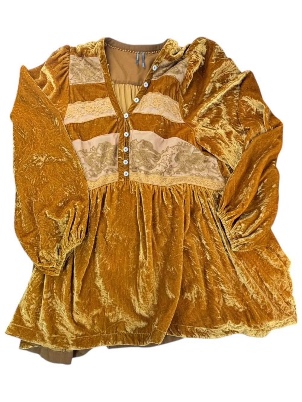 Anthropologie Women’s Long Sleeve Velvet Lace Babydoll Top In Gold Size Large - Picture 2 of 8